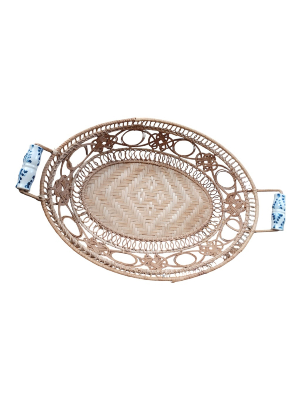 Vintage Wicker Bread Basket,round with Ceramic Blue & White Handles